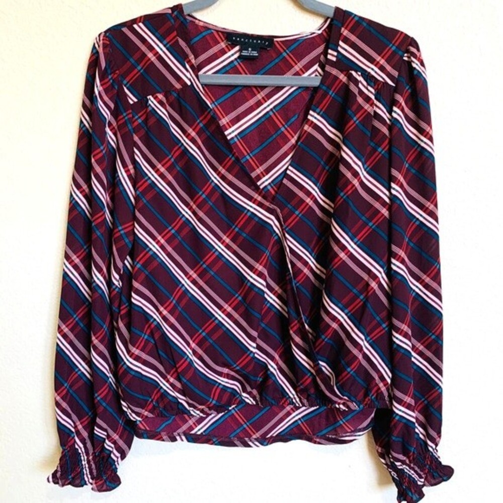 Sanctuary blouse  women Burgundy tartan pattern Long sleeve top size S